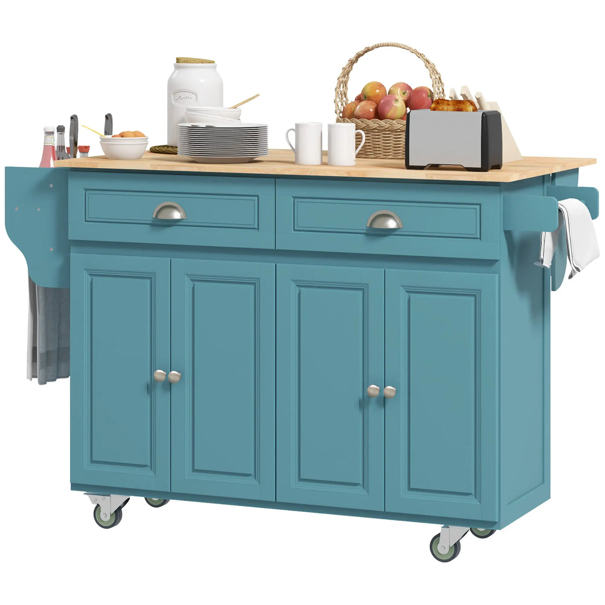 Rolling Kitchen Island with Storage, Drop Leaf, Rubber Wood Top, Light Blue Kitchen Islands & Kitchen Carts at Gallery Canada