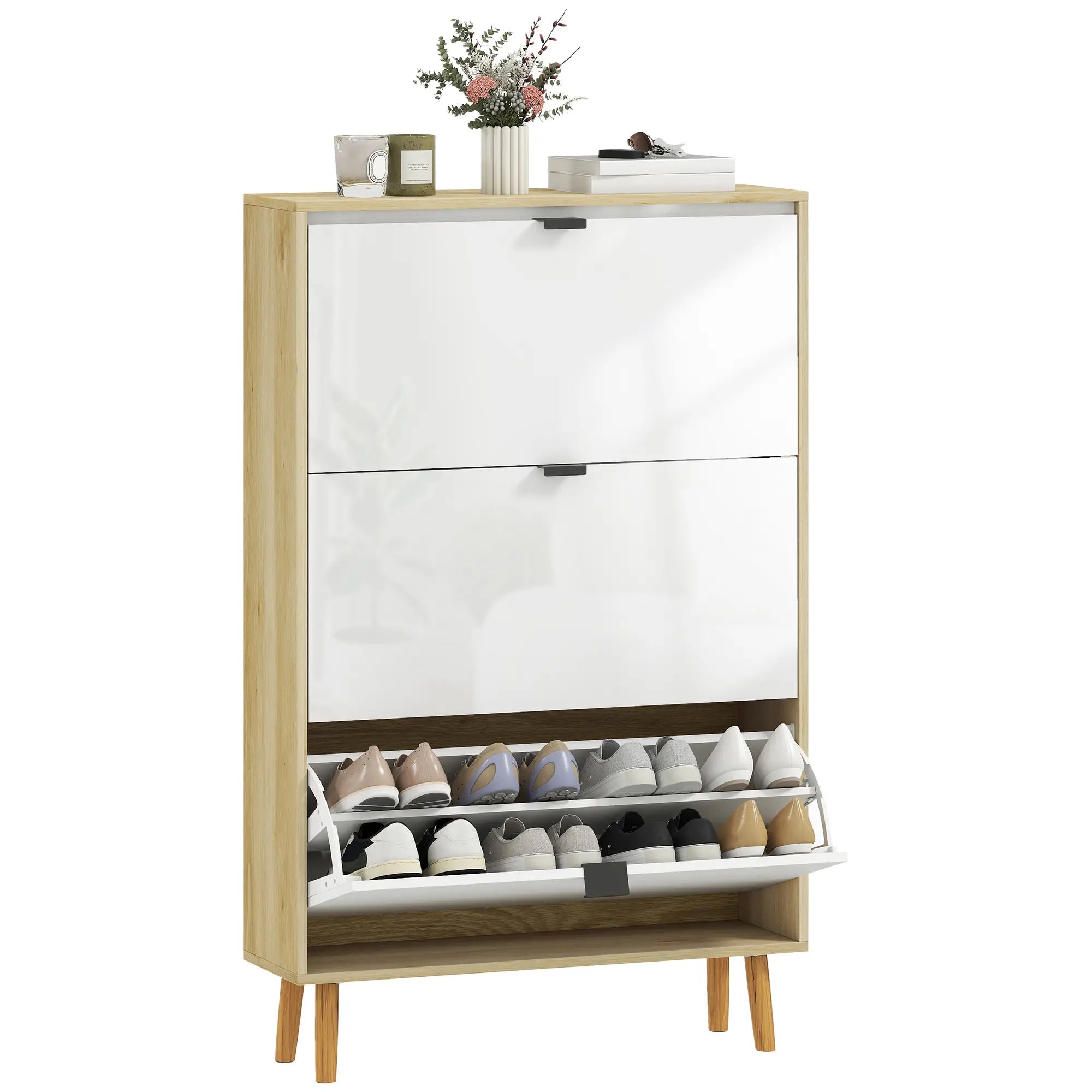 Narrow Shoe Cabinet, 3 Flip Drawers, Adjustable Shelves, Holds 24 Pairs, White Shoe Storage Cabinets & Racks at Gallery Canada