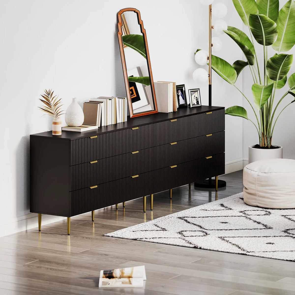 Modern 6 Drawer Dresser, with Gold Legs, Bedroom Chest, Black Storage Cabinets at Gallery Canada