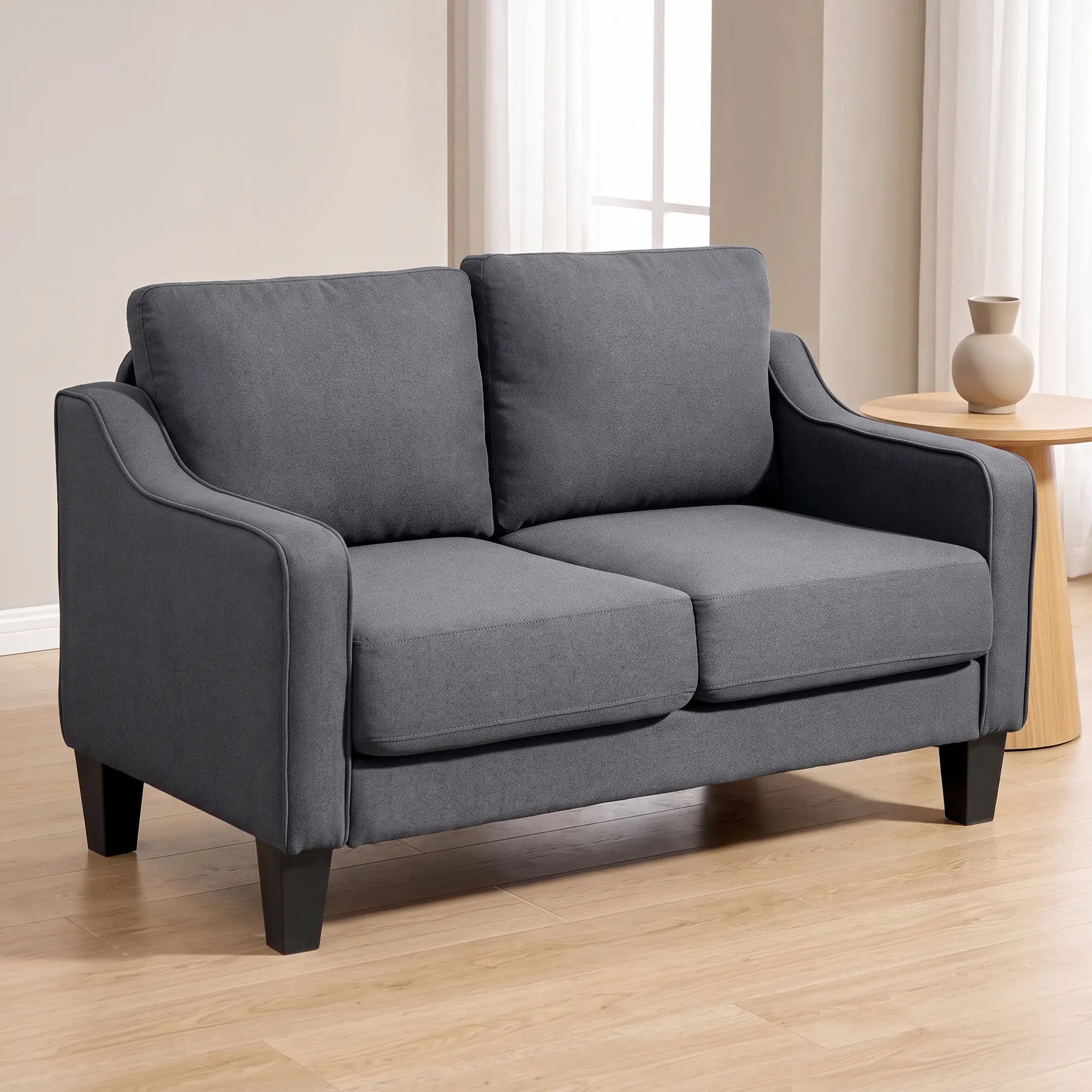 Modern Loveseat Sofa, Pocket Spring, Linen Upholstered, Charcoal Grey 2-Seater Sofas at Gallery Canada