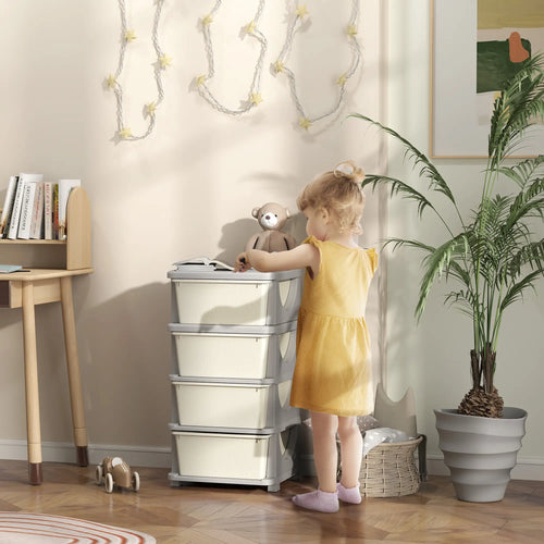 4 Tier Kids Toy Organizer, 4 Plastic Drawers, Cream White