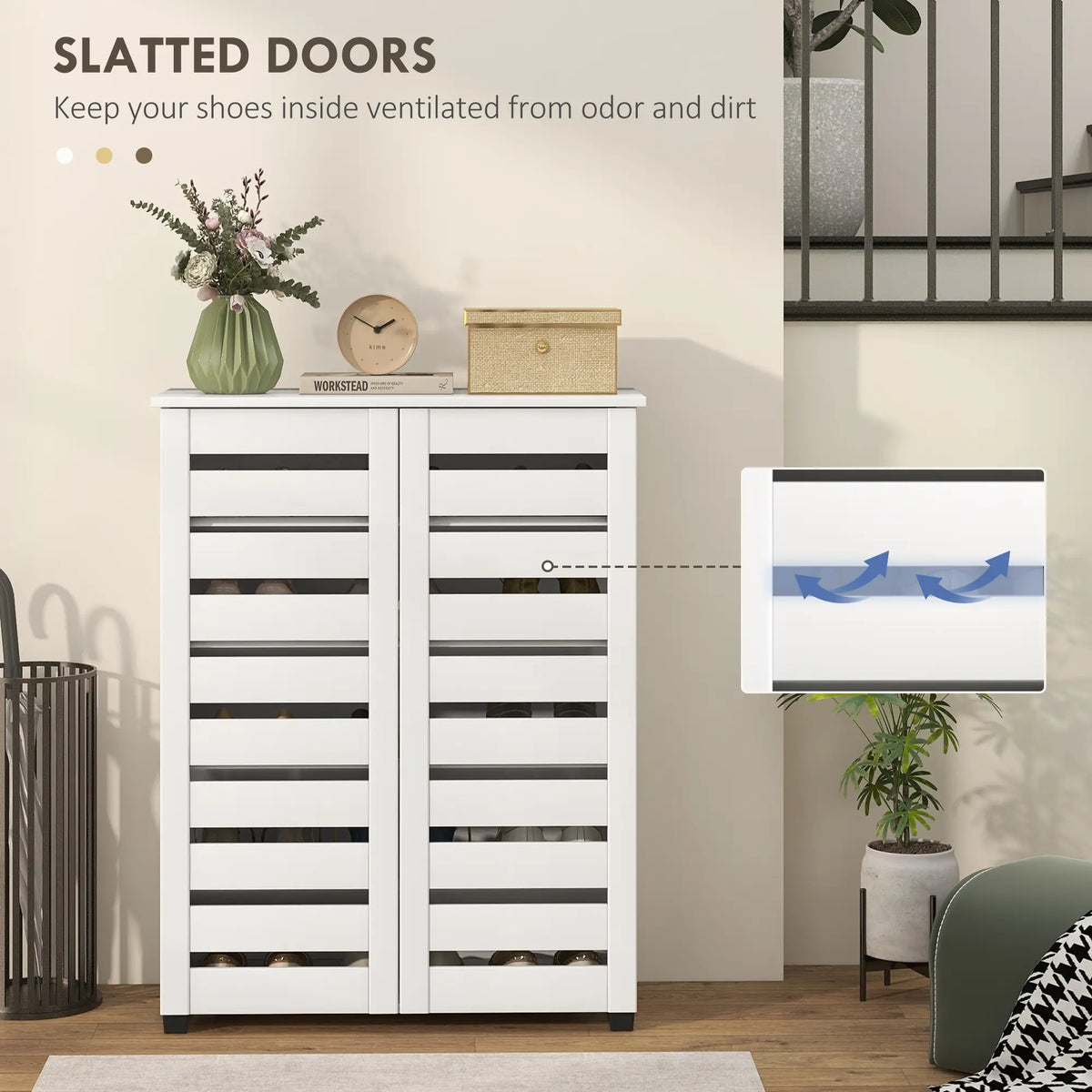 Shoe Storage Cabinet, 2 Slatted Doors, Holds 15 Pairs, White Shoe Storage Cabinets & Racks at Gallery Canada