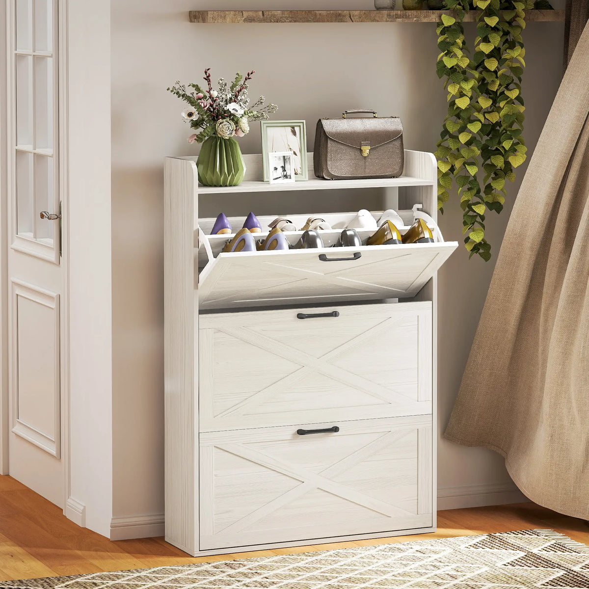 Narrow Shoe Storage Cabinet, 3 Flip Drawers, Adjustable Shelves, White Oak Shoe Storage Cabinets & Racks at Gallery Canada