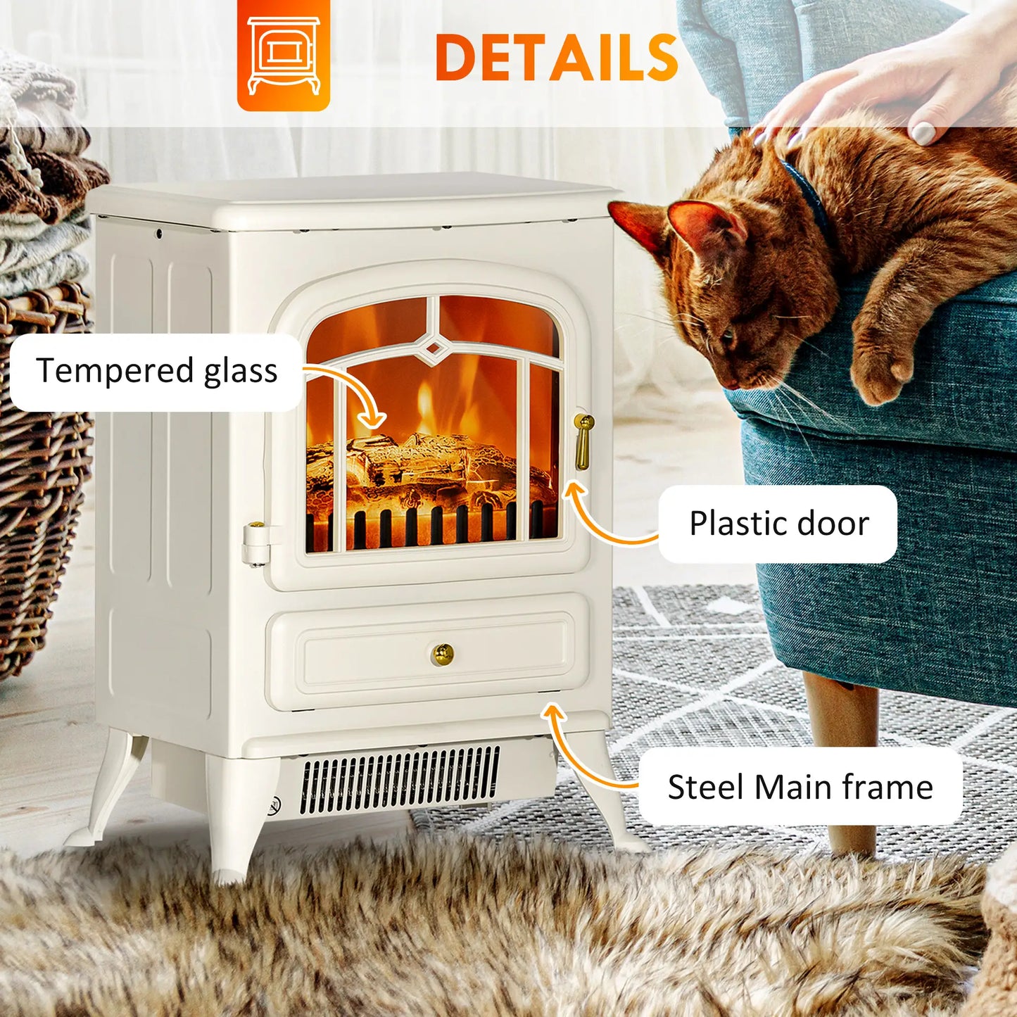 16" Freestanding Electric Fireplace Heater, Wood Flame, 750/1500W, Beige Electric Fireplaces at Gallery Canada