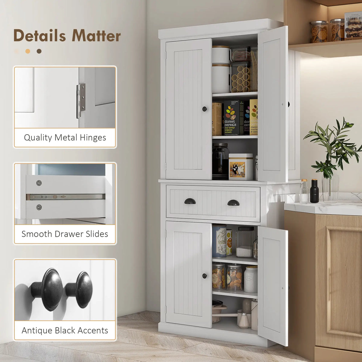 72" Kitchen Pantry, Freestanding Storage Cabinet, White Kitchen Pantry Cabinets at Gallery Canada