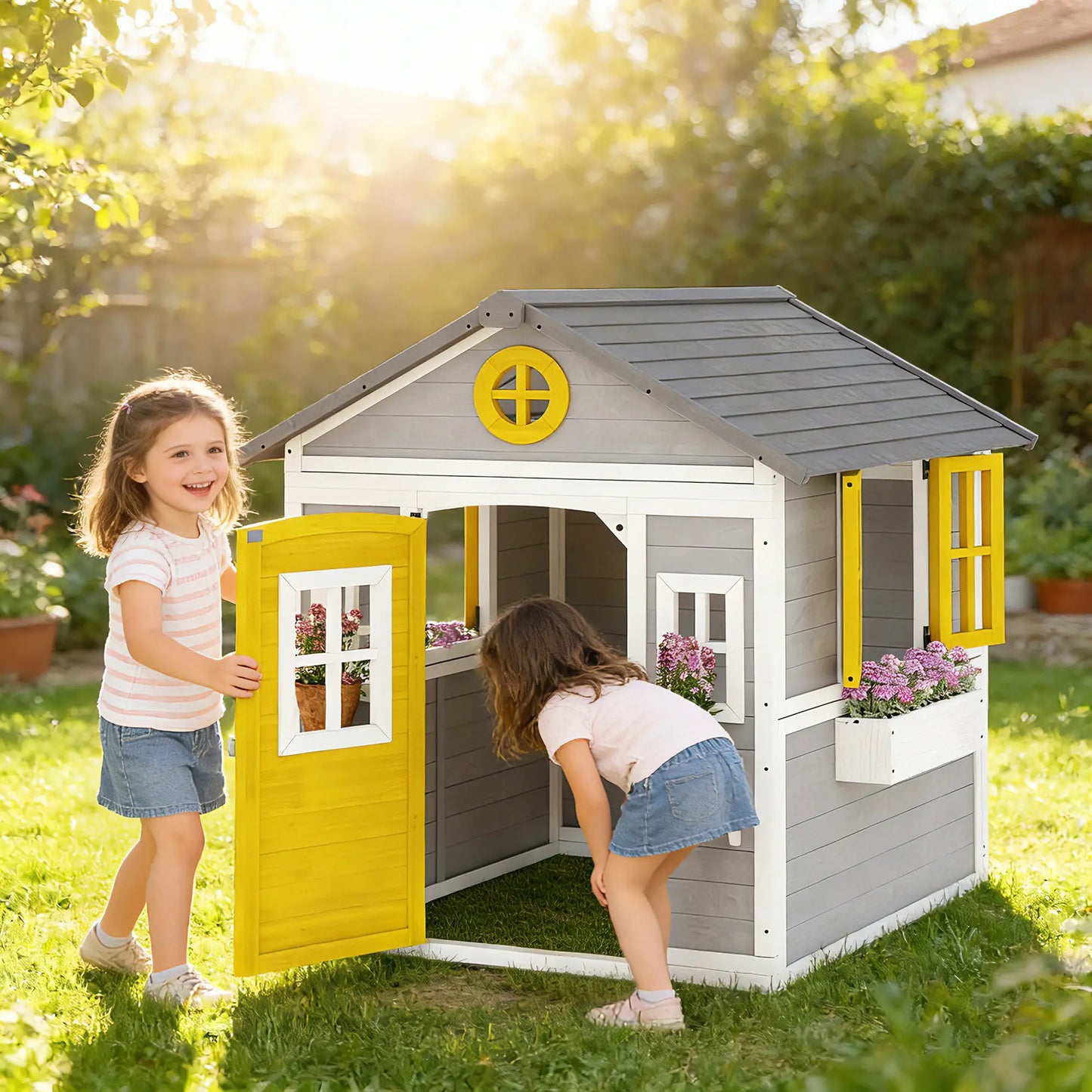Wooden Playhouse For Kids, With Door, Windows, Planter Pots, Grey Play Houses at Gallery Canada