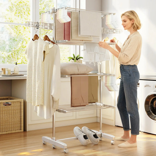 Stainless Steel Folding Clothes Drying Rack, Side Wings, Castors, Indoor Outdoor, White Bath Accessories Silver and White at Gallery Canada