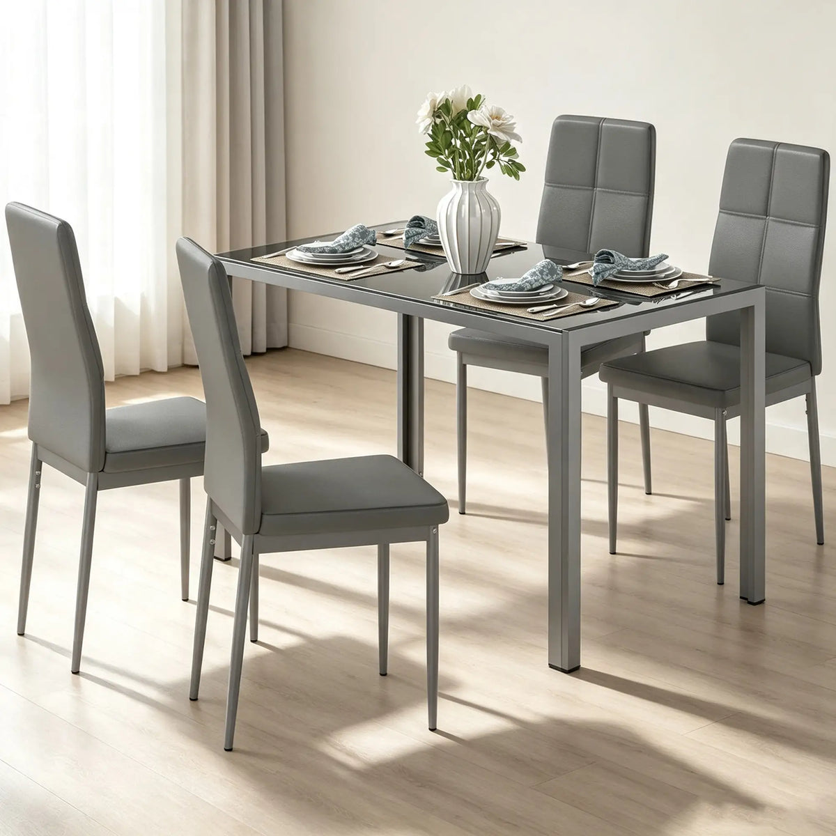 3-Piece Rectangular Glass Dining Table, Metal Frame, Faux Leather Chairs, Grey Bar Sets at Gallery Canada