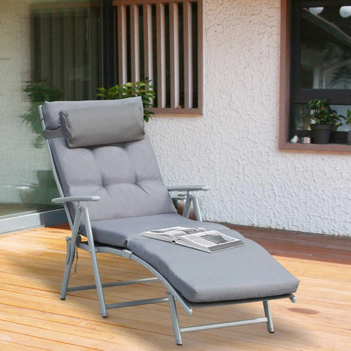 Outdoor Folding Chaise Lounge, Adjustable Backrest, Cushion, Headrest, Grey