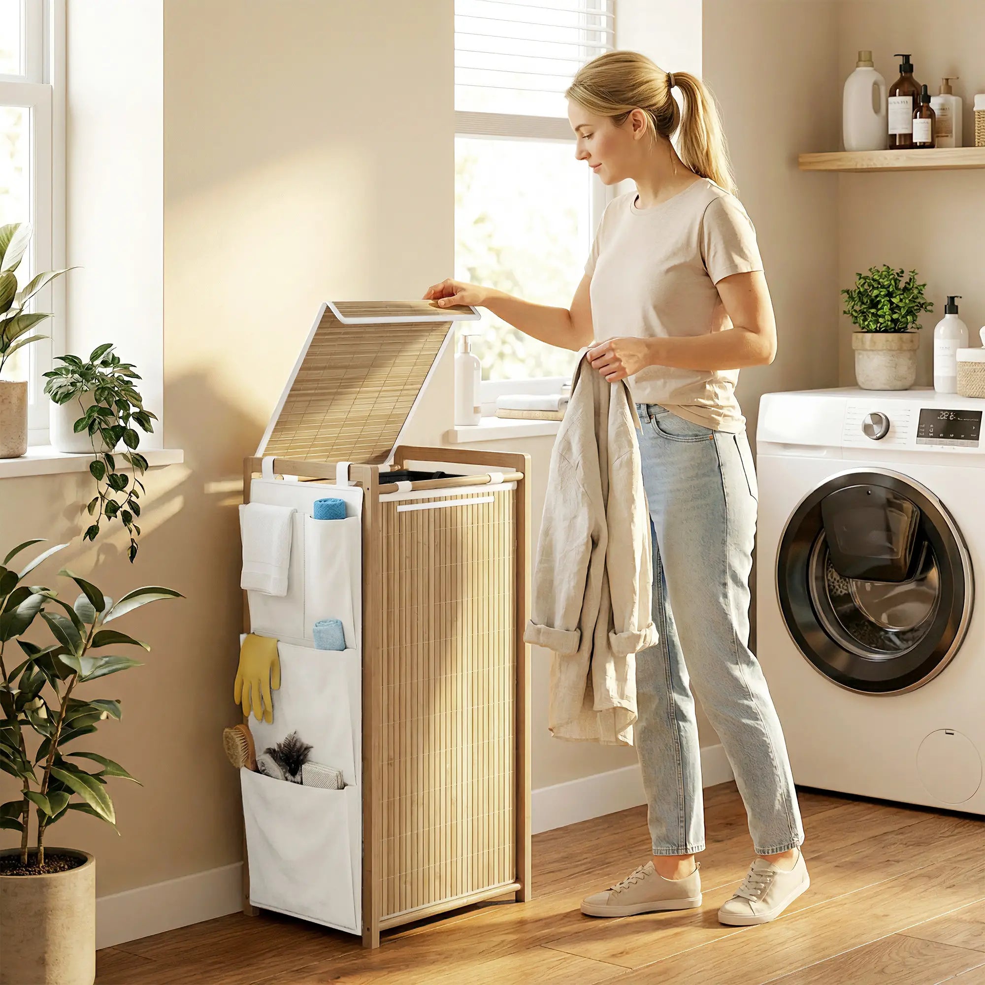 Bamboo Laundry Hamper with Removable Drawstring Bag and Side Storage Pockets, 19.8 Gal, Natural Bath Accessories at Gallery Canada