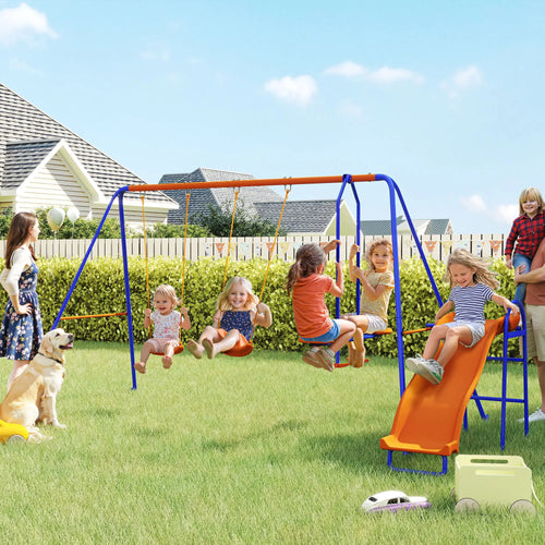 4 in 1 Metal Swing Set, Double Swings, Glider, Slide, Ladder, Multicolored