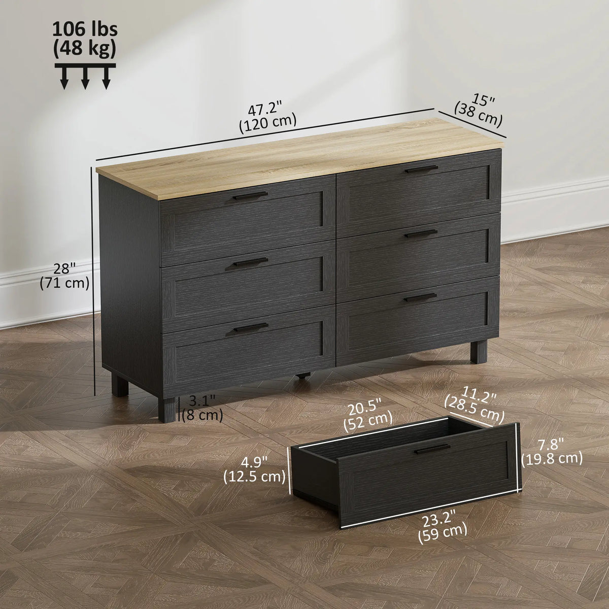 47" Wide Chest Of Drawers, Modern Dresser, 6 Drawers, Wood Legs, Black Storage Cabinets at Gallery Canada