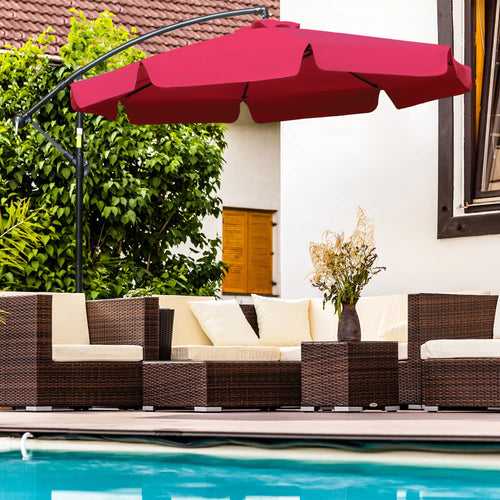9FT Offset Hanging Patio Umbrella, Easy Tilt, Cross Base, 8 Ribs, Red