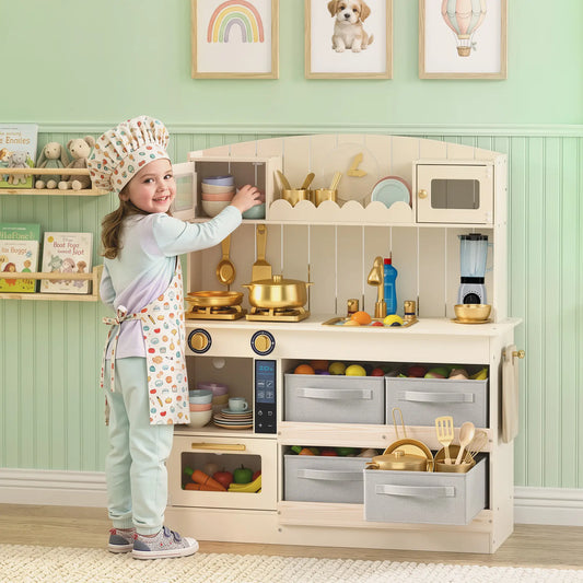 Wooden Play Kitchen Set for Kids, Lights, Sounds, 12PCs, Cream Play Kitchen Cream White at Gallery Canada