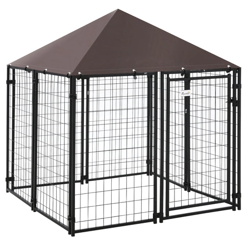 Outdoor Dog Kennel, Steel Fence, Lockable Playpen, UV-Resistant Canopy, 4.6ft x 4.6ft x 5ft, Black