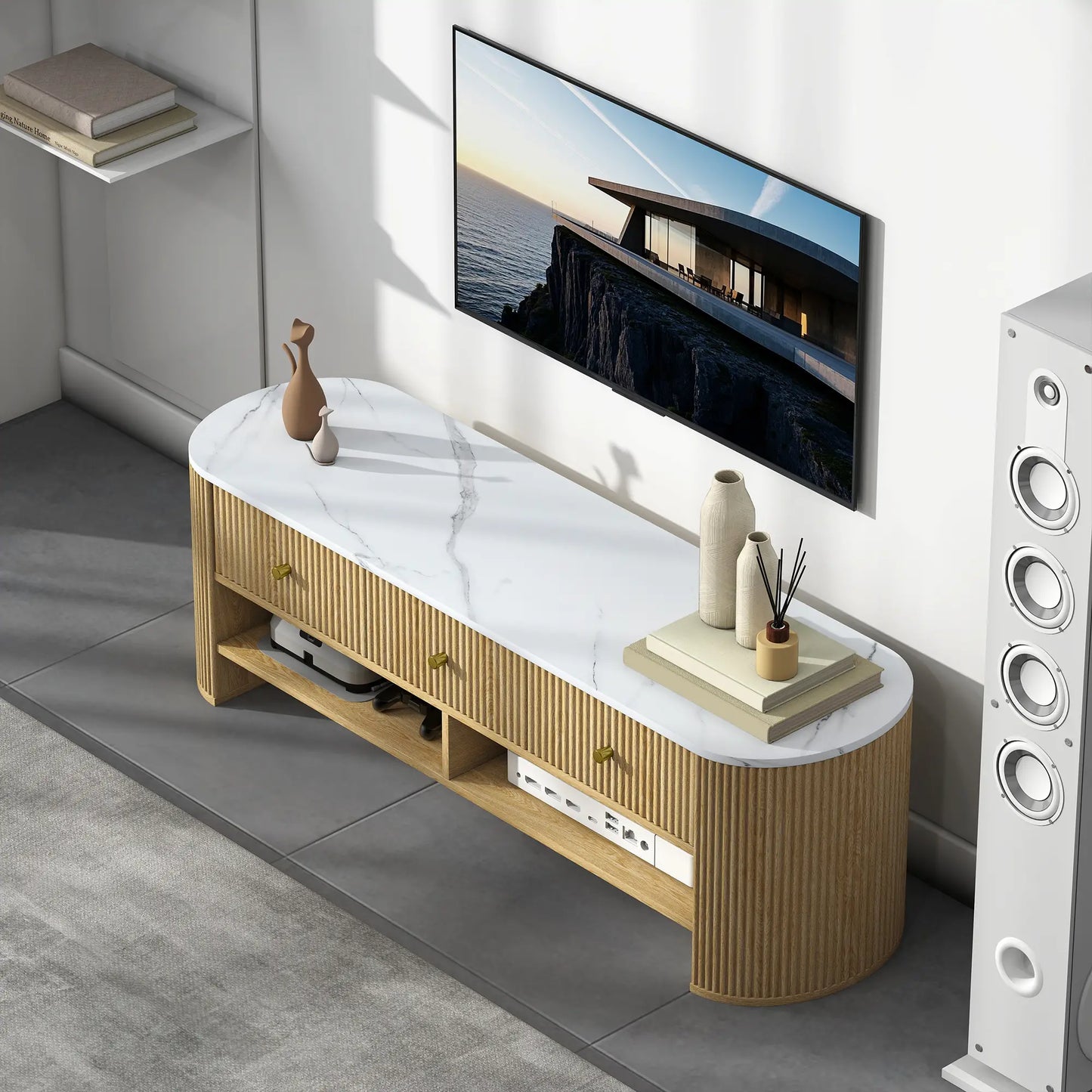 Modern TV Stand, Marble-Effect Top, 3 Drawers, 2 Shelves, 32-65 Inch, Natural TV Stands at Gallery Canada