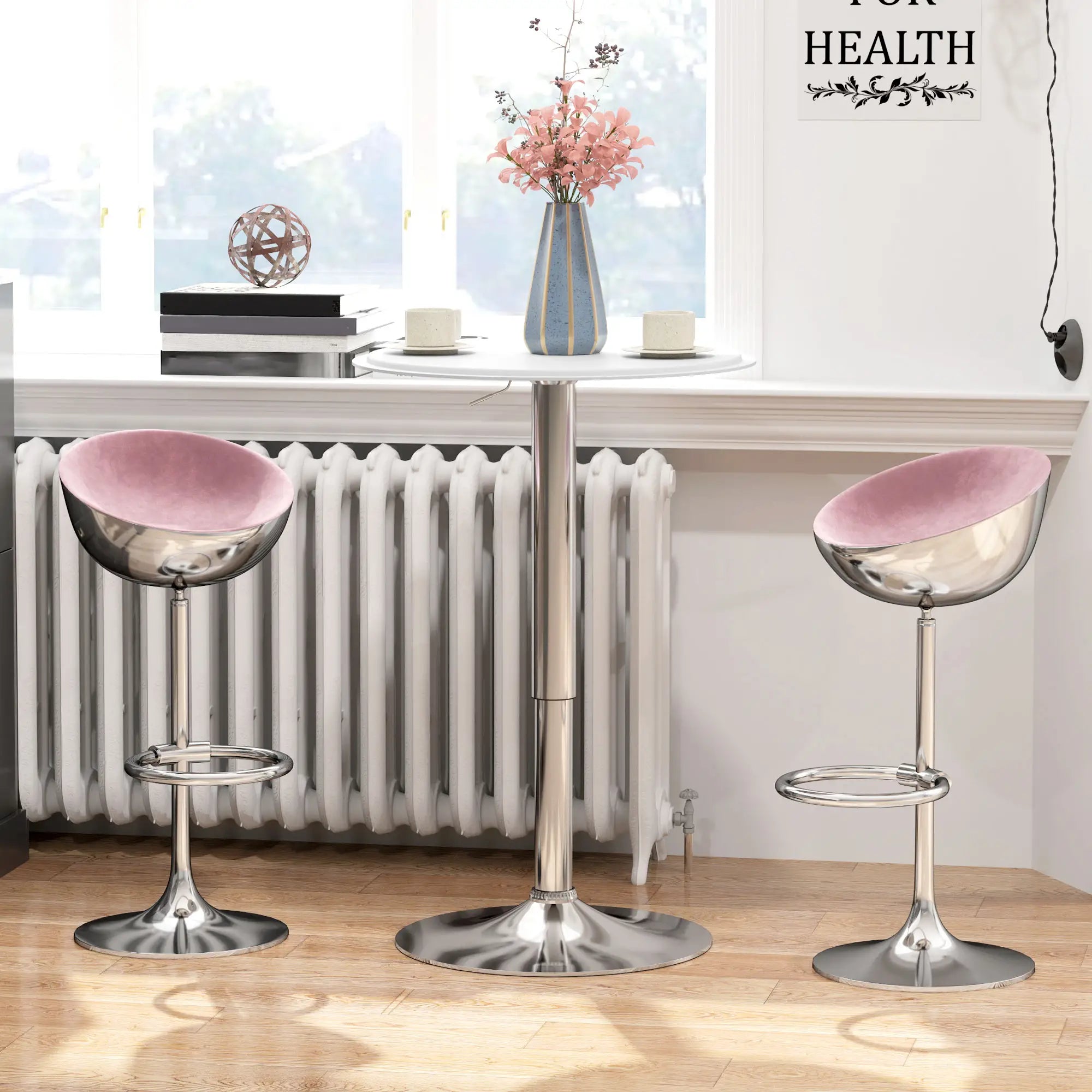 Round Bar Table, Adjustable Height, Faux Leather, Wooden Top, Chrome Base, White Bar Tables & Dining Tables at Gallery Canada