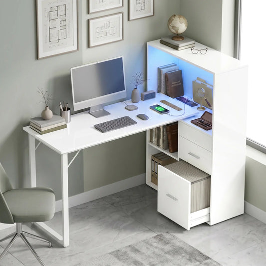 54" Computer Desk With Drawers, Power Outlets, LED Lights, White Computer Desks White at Gallery Canada