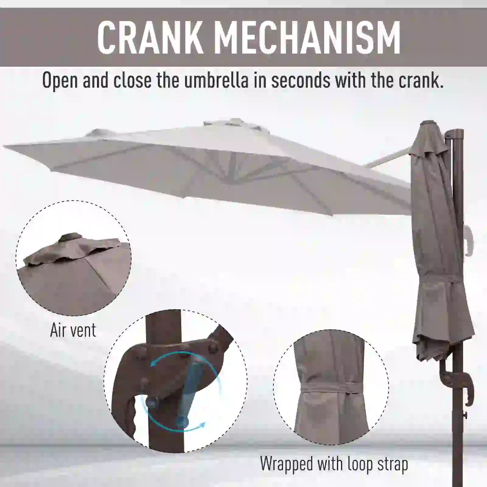 10ft Cantilever Patio Umbrella, 360° Rotation, Crank, Grey Cantilever Umbrellas at Gallery Canada