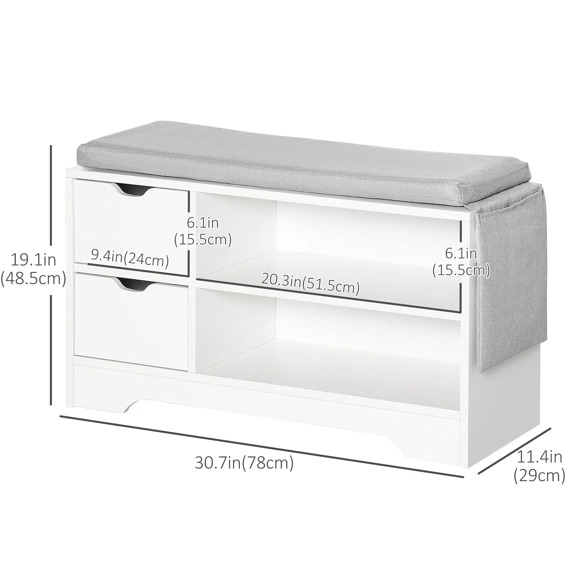 Upholstered Shoe Storage Bench With Seat, Drawer, Open Shelves, White Shoe Storage Cabinets & Racks at Gallery Canada