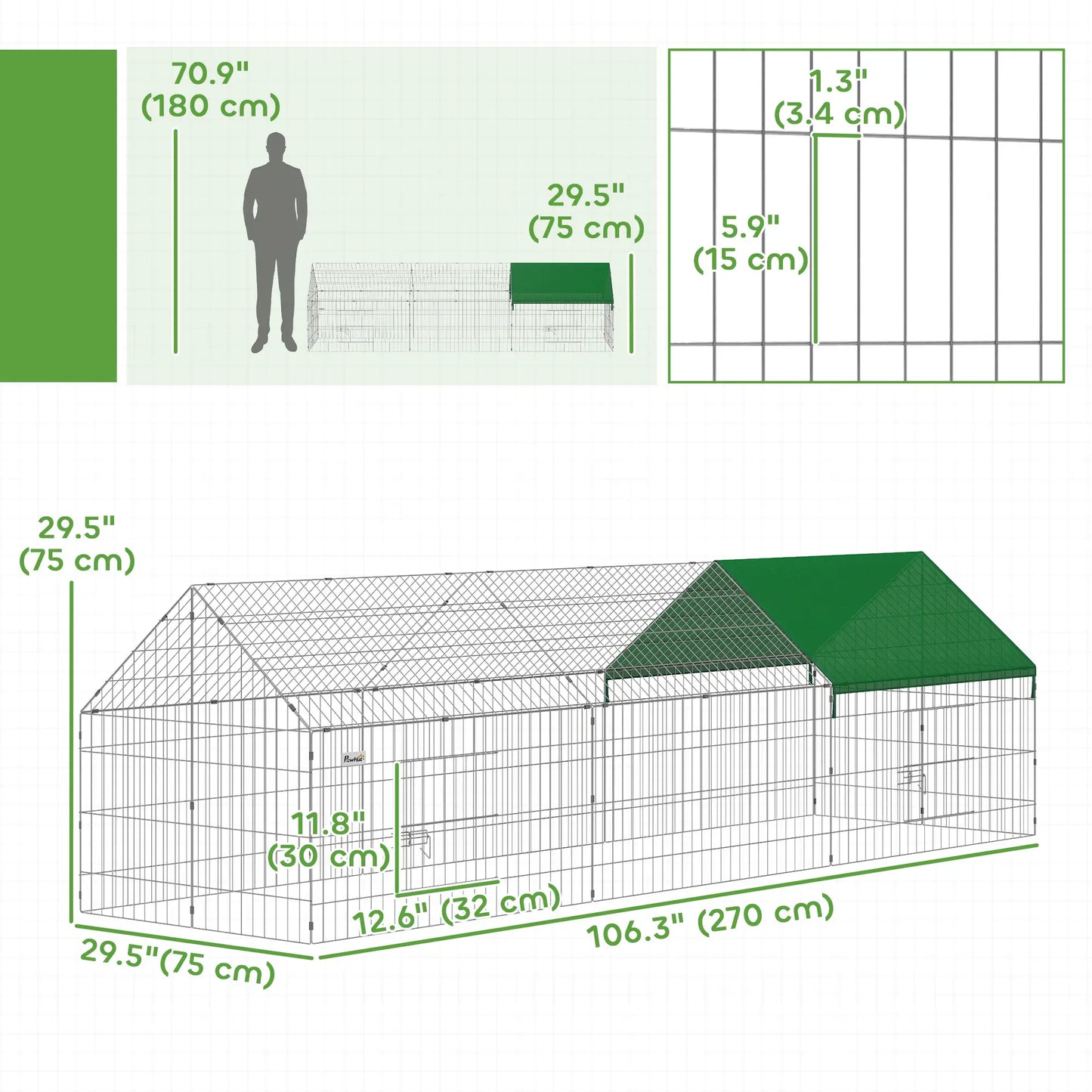 Metal Chicken Coop, UV-Resistant Cover, 106" x 29.5" x 29.5", Green Chicken Coops at Gallery Canada