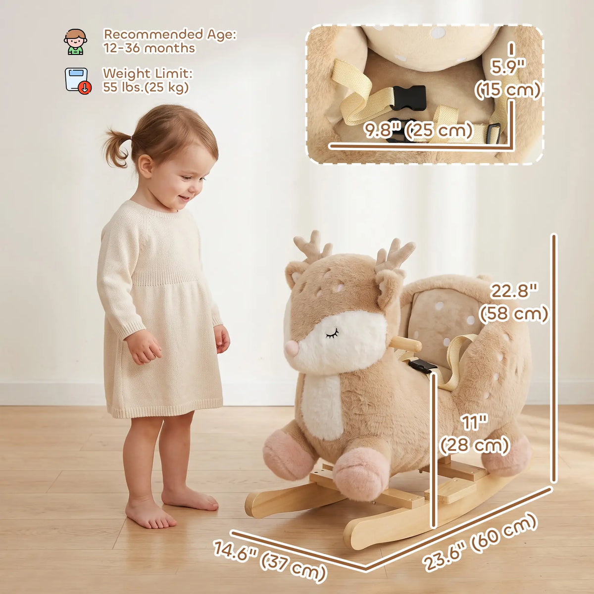 Toddler Rocking Horse, Deer Sound Seat Belt Rocking Stopper, Brown, Brown Rocking Horses at Gallery Canada