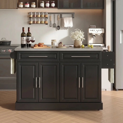 Rolling Kitchen Island with Storage and Stainless Steel Top, Kitchen Trolley with Drawers, Cabinets, Towel Rack