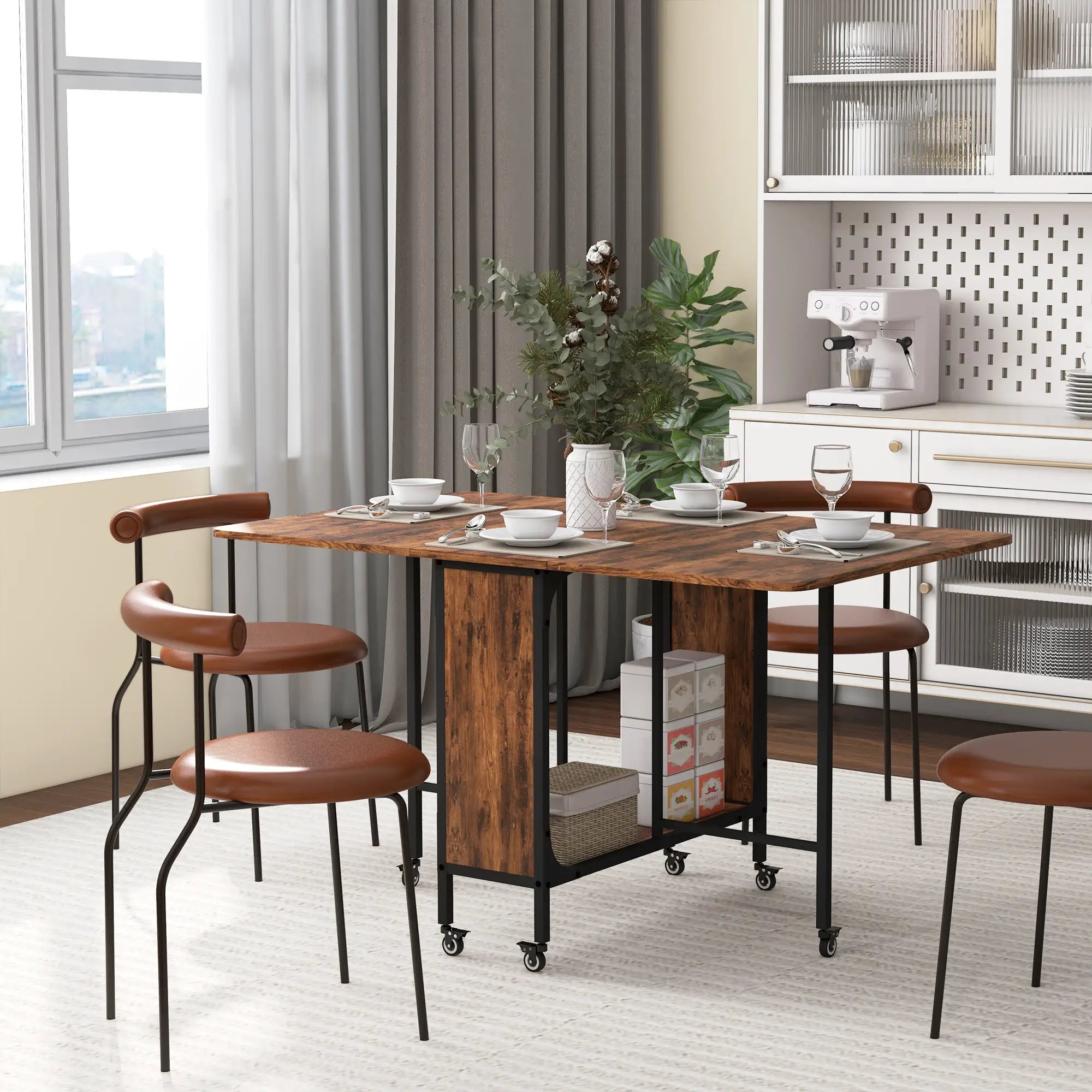 Folding Dining Table, Extendable Kitchen Table, Rustic Brown, 6 Wheels, Brown Dining Tables at Gallery Canada