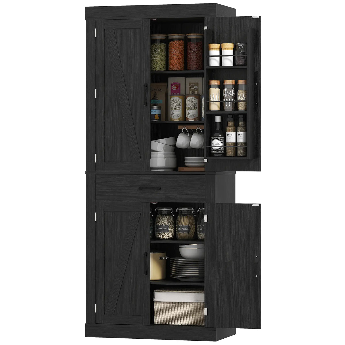 72 Inch Kitchen Pantry Cabinet, Farmhouse Storage, 4 Barn Doors, Black Kitchen Pantry Cabinets Black at Gallery Canada