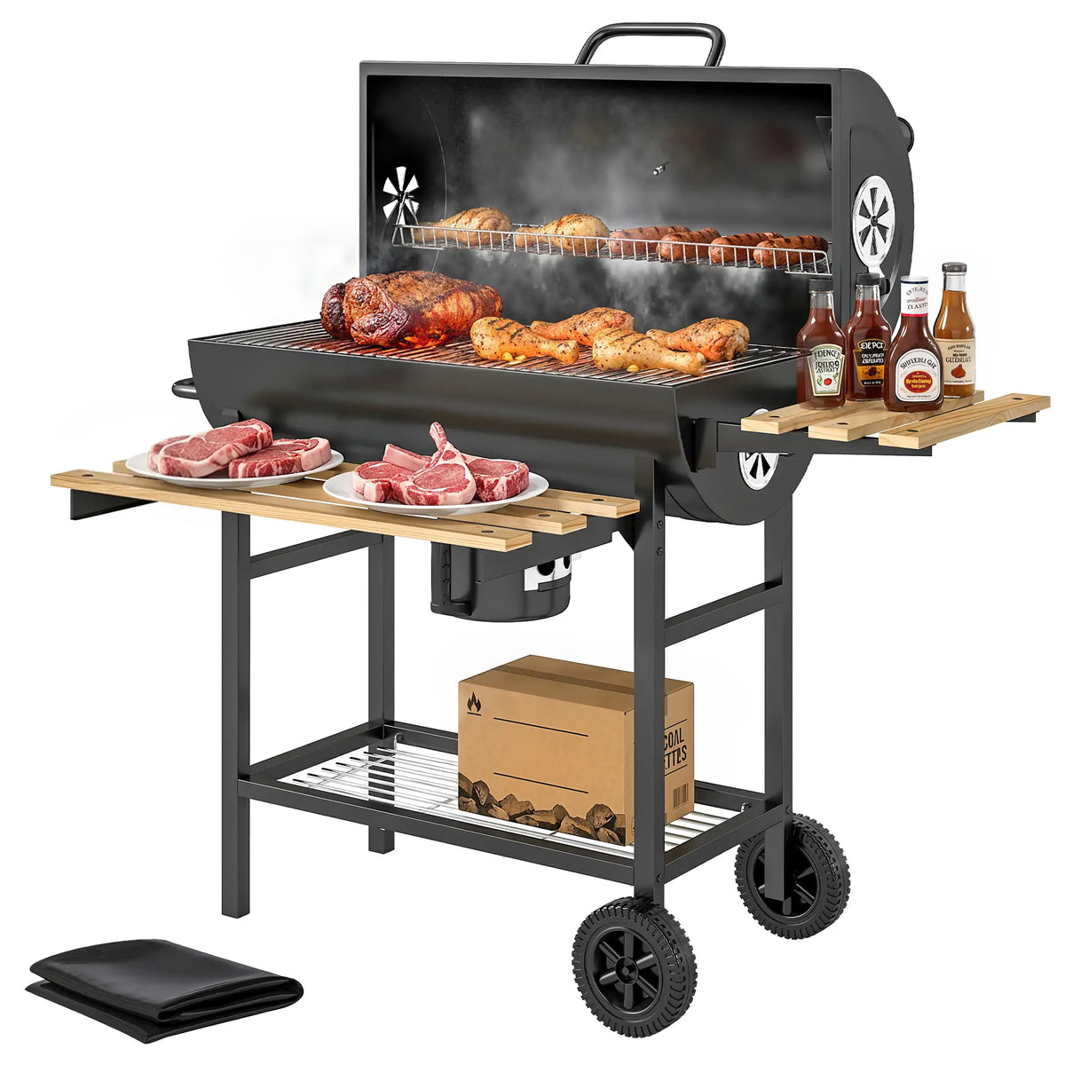 Charcoal BBQ Grill With Foldable Shelves, Warming Rack, Thermometer, Wheels