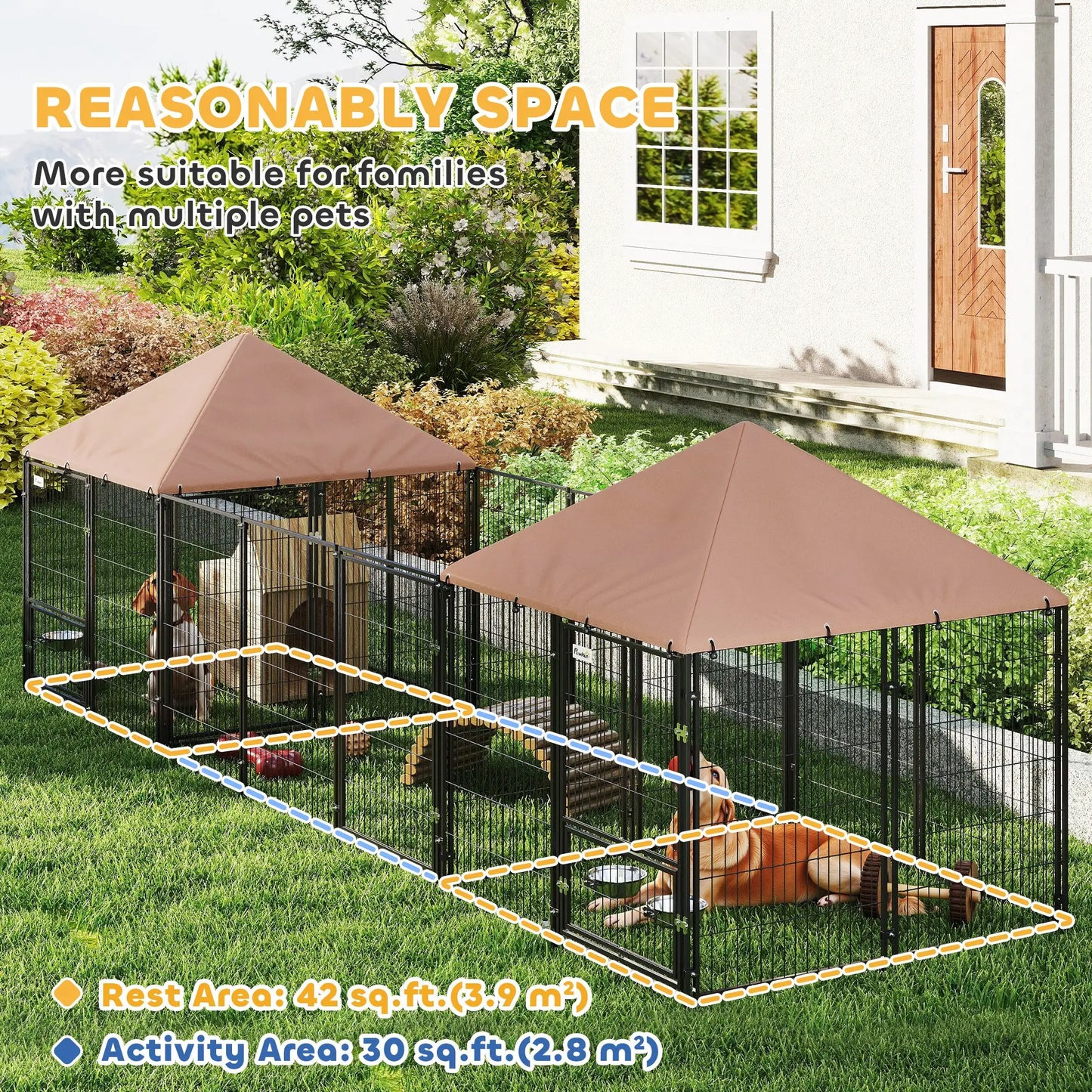 Outdoor Dog Kennel, 2 Rooms, Adjustable Bowls, Waterproof Cover, 16.2' x 4.7' x 5.1' Houses, Kennels & Pens at Gallery Canada