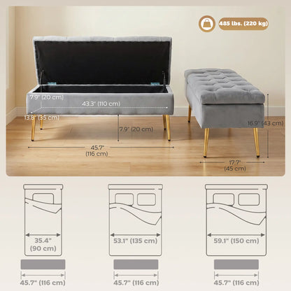Upholstered Bedroom Bench with Gold Tone Metal Legs, Velvet Tufted and Thick Padding, Grey Storage Ottomans & Benches at Gallery Canada