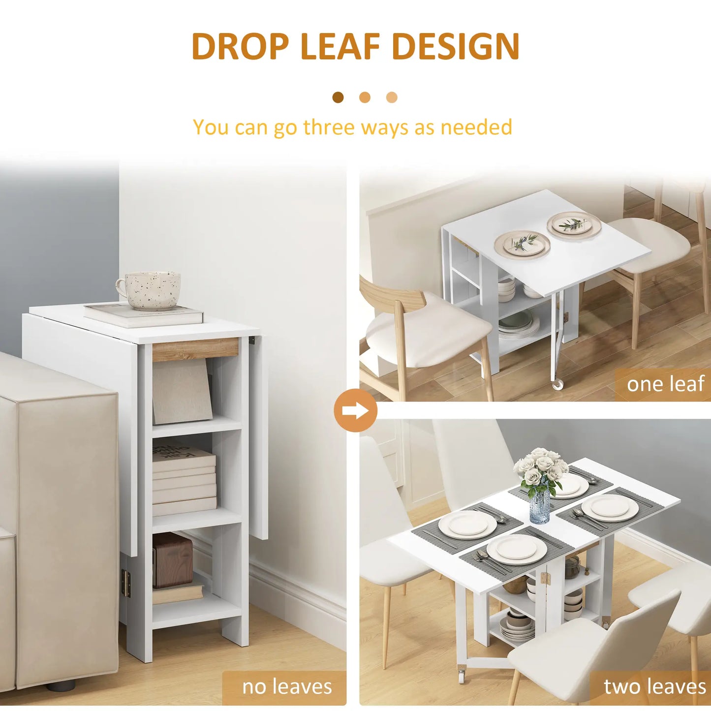 Folding Dining Table with Storage, Drop Leaf Kitchen Table for Small Spaces, White Bar Tables & Dining Tables at Gallery Canada