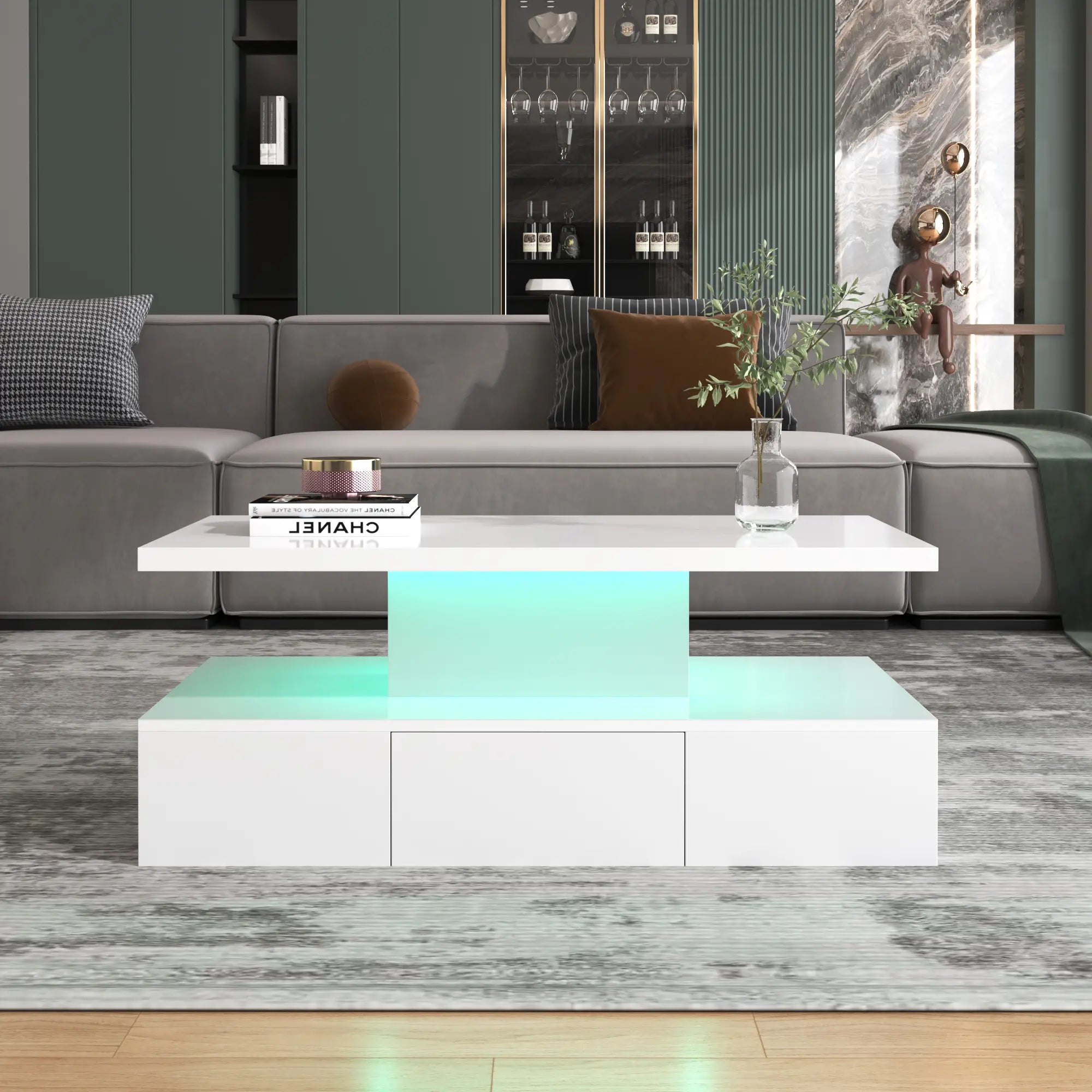 High-Gloss Coffee Table, Hidden Drawer, 39.5