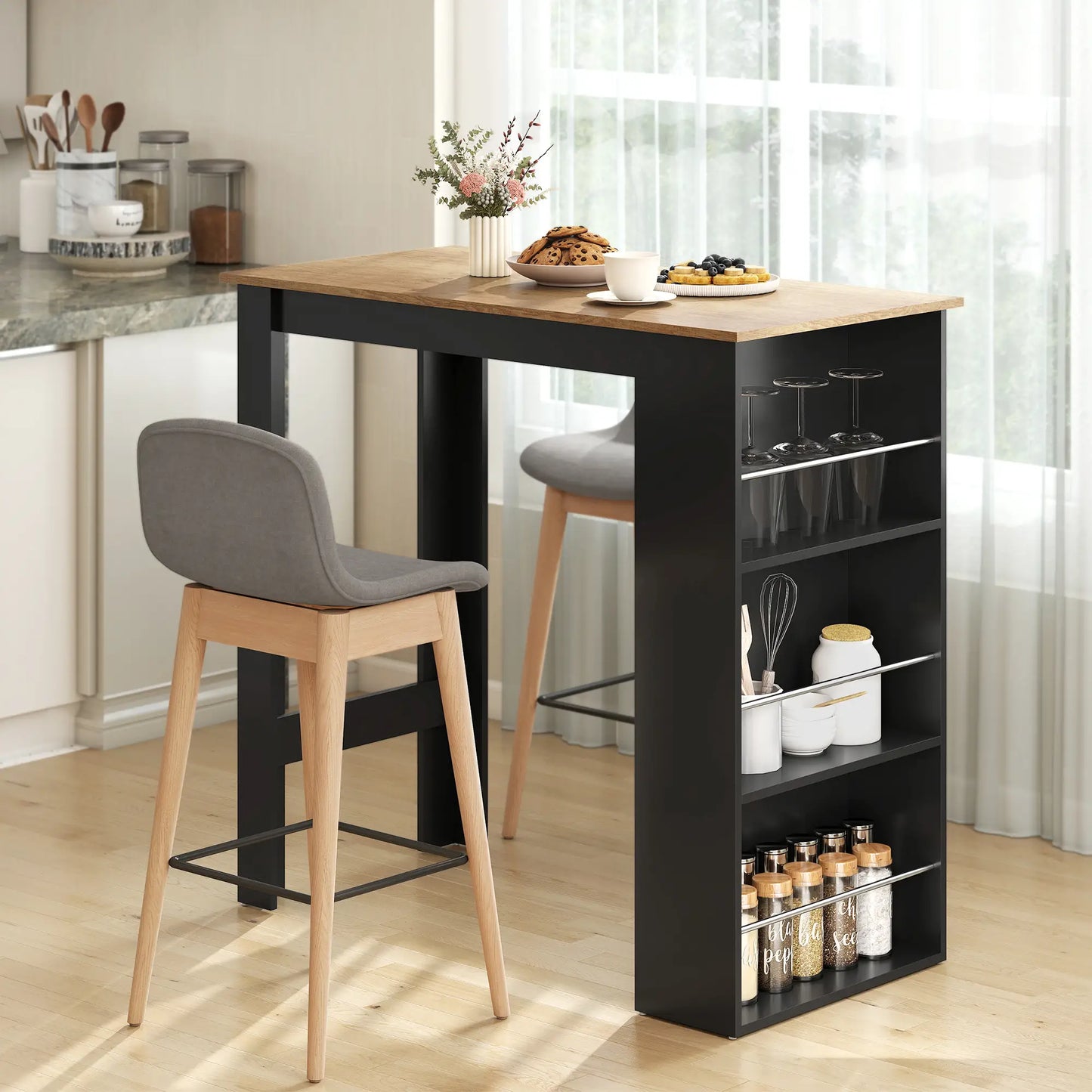Modern Bar Table, Counter Height With 3 Storage Shelves, Walnut Bar Tables at Gallery Canada