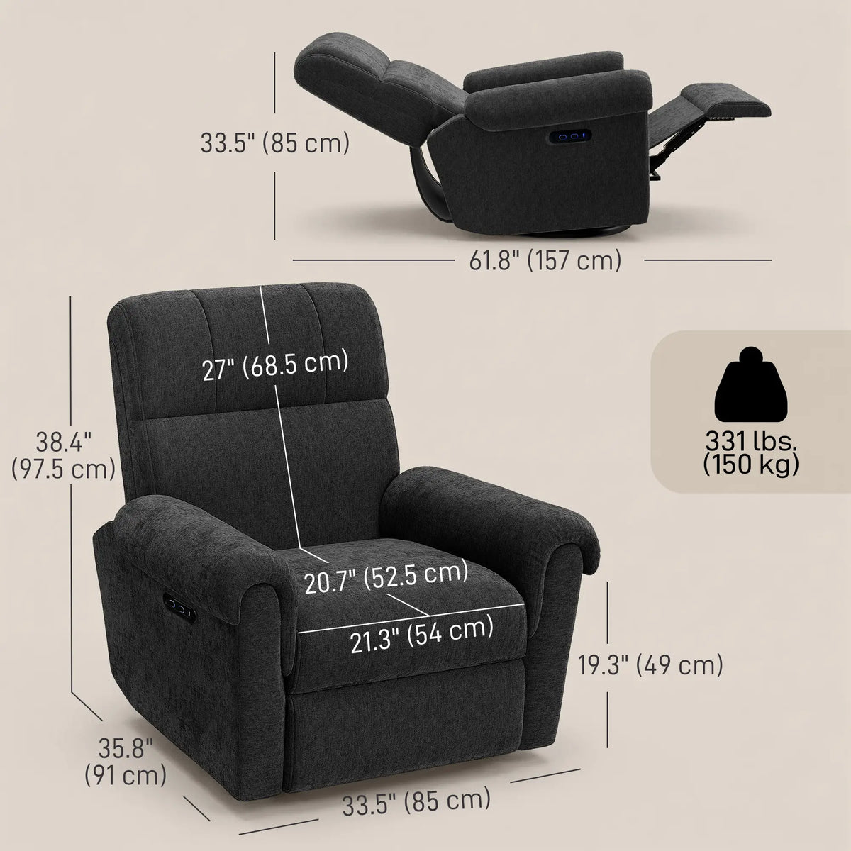 Power Recliner Chair, Fabric Upholstered, USB Ports, Swivel Rocking, Footrest, Black Single Sofas at Gallery Canada