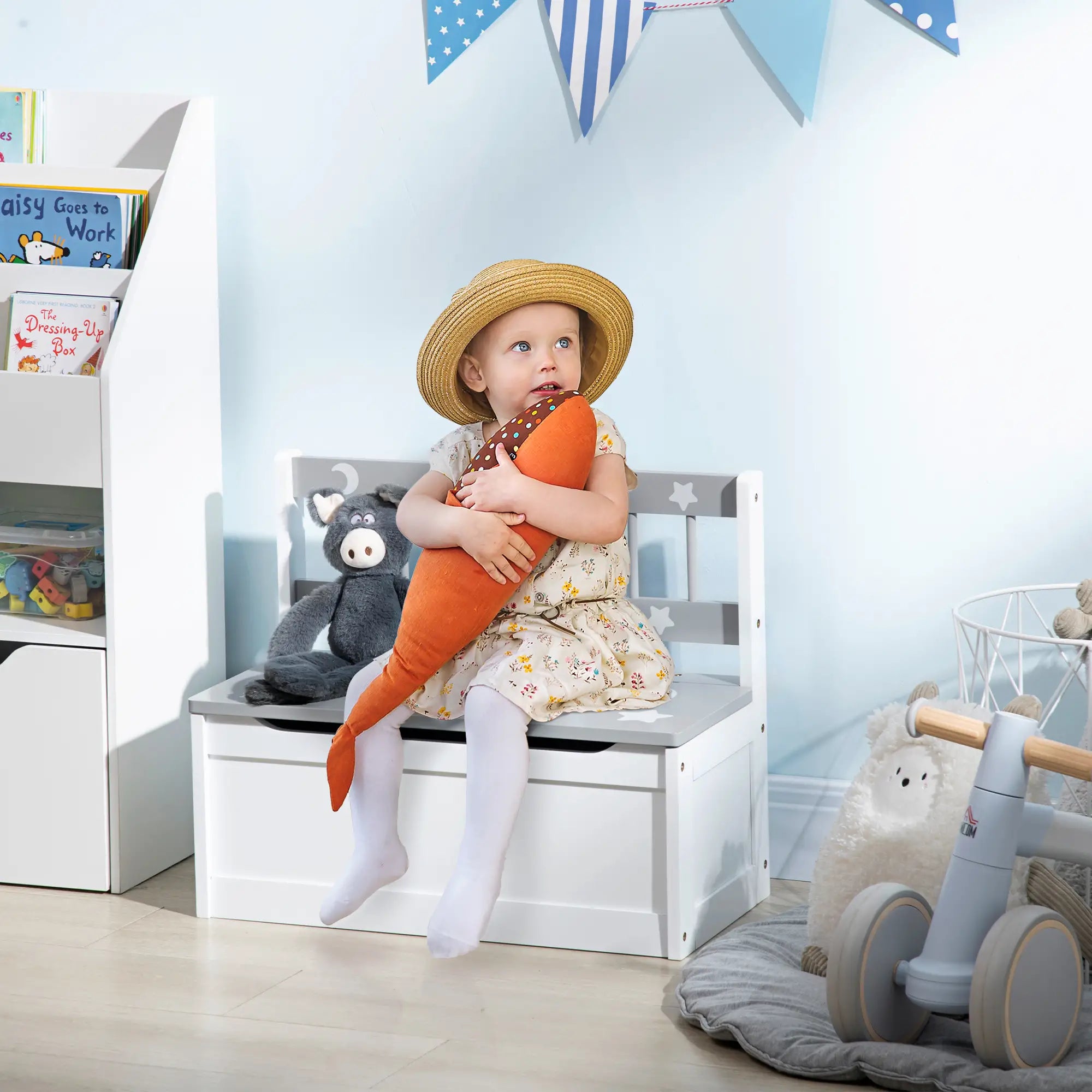 Kids Toy Storage Chest with Lid, Safety Hinge, Bench Seat, Backrest, Grey Baby & Kids Storage at Gallery Canada