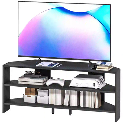 Corner TV Stand, 47 Inch, Modern Table With 2 Shelves, Black TV Stands Black at Gallery Canada