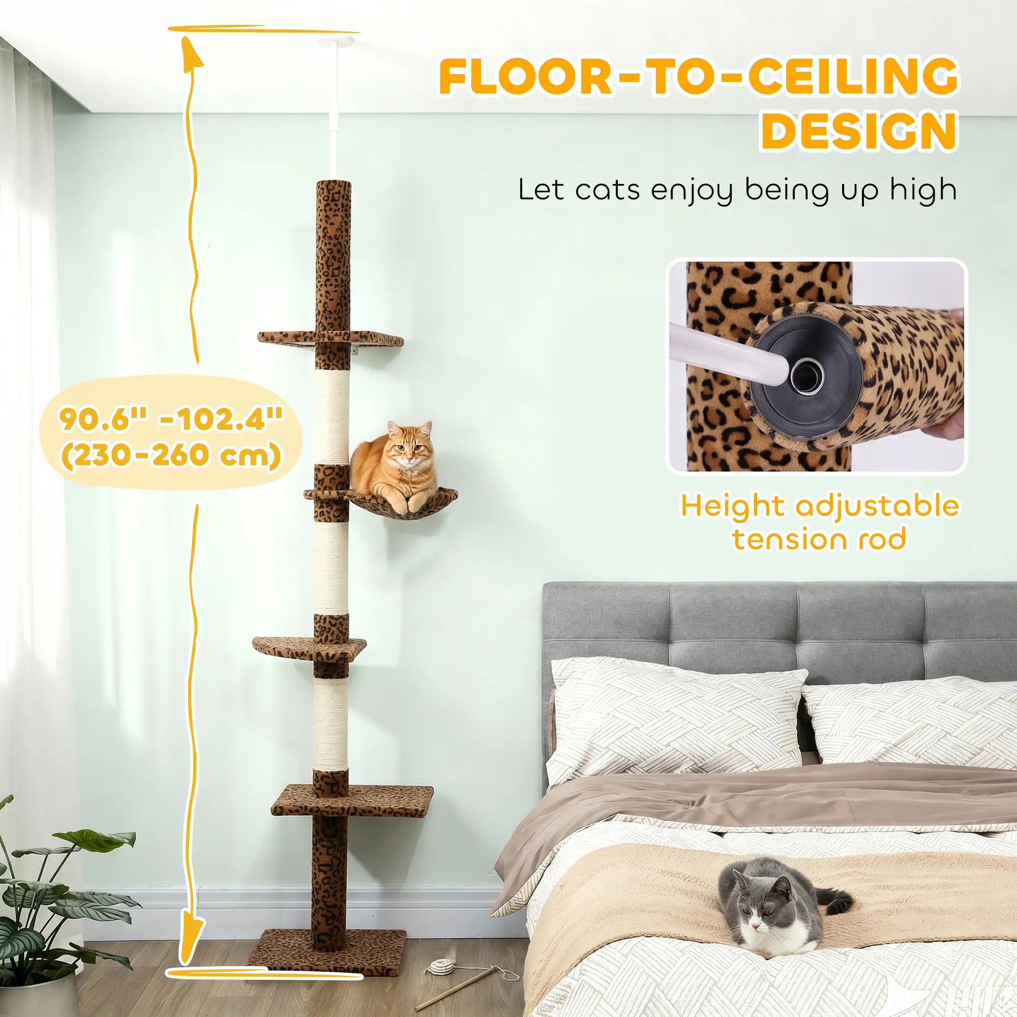 8.5ft Cat Tree 5-Tier Kitty Activity Center With Scratching Post, Leopard Print Floor to Ceiling Cat Trees at Gallery Canada