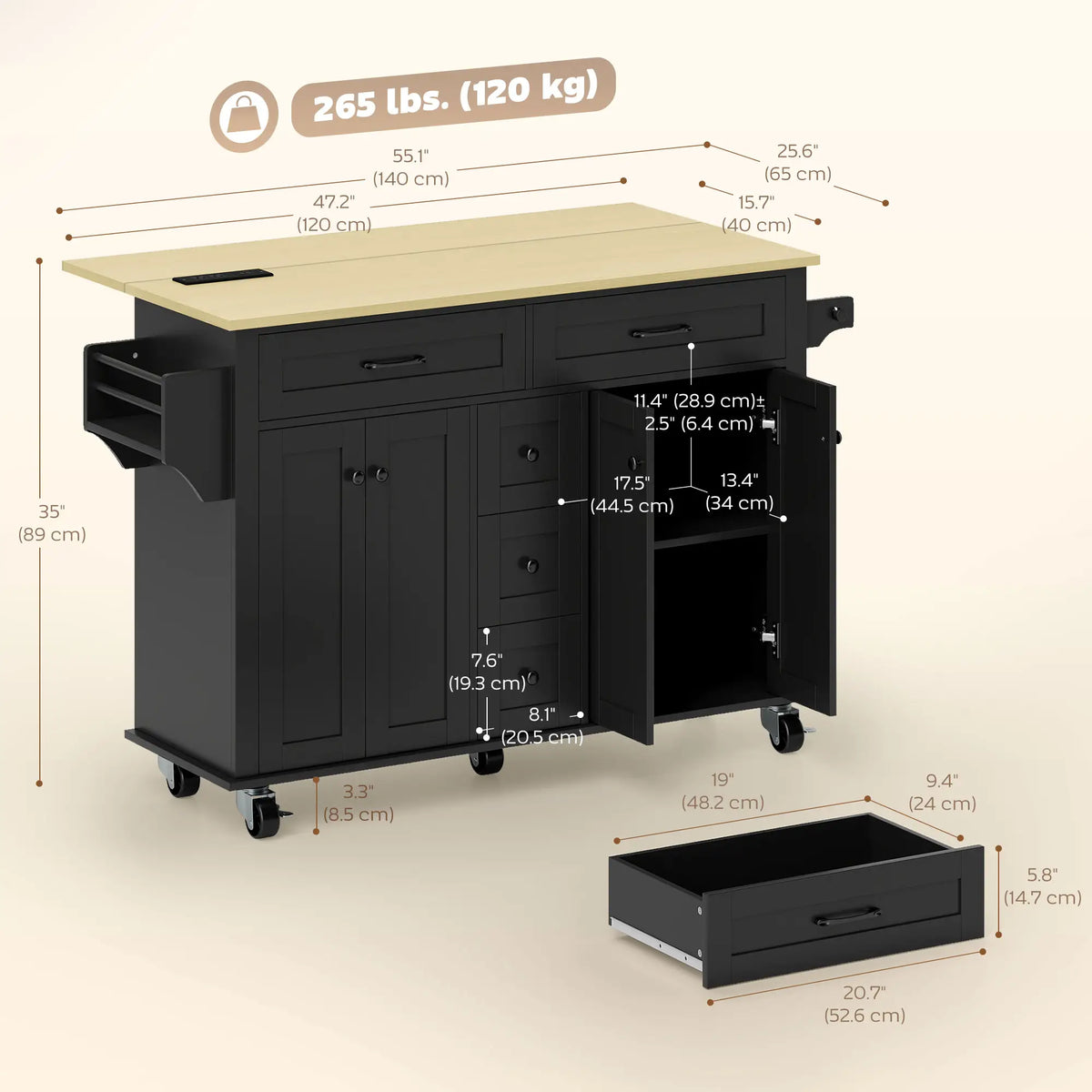55" Kitchen Island Cart With Power Outlet, Drop Leaf, Storage, Black Kitchen Islands & Kitchen Carts at Gallery Canada