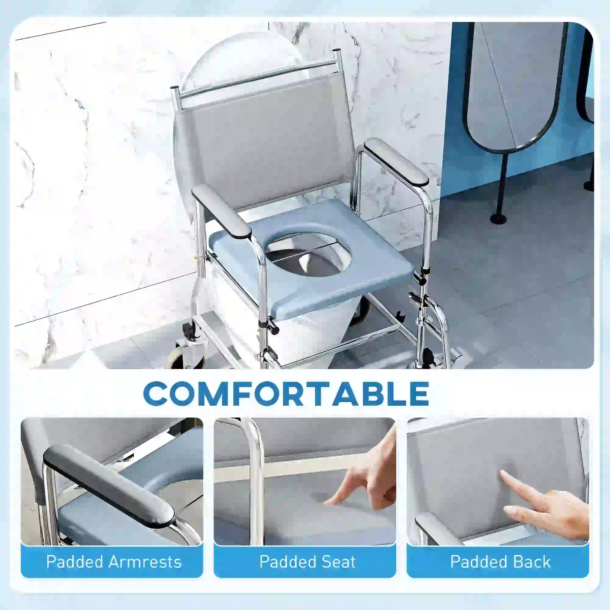 Rolling Shower Chair, Bedside Commode Wheelchair, 300 Lbs, Black Bath Chairs at Gallery Canada