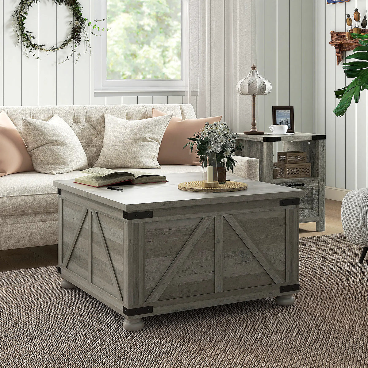 Farmhouse Coffee Table, Square Flip-Top Lid, Hidden Storage, Distressed, Grey Coffee Tables at Gallery Canada