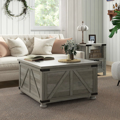 Farmhouse Coffee Table, Square Flip-Top Lid, Hidden Storage, Distressed, Grey Coffee Tables at Gallery Canada