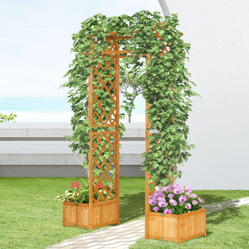 7.7FT Garden Arch, 2 Foldable Planter Boxes, Wooden Trellis Arbor, Brown