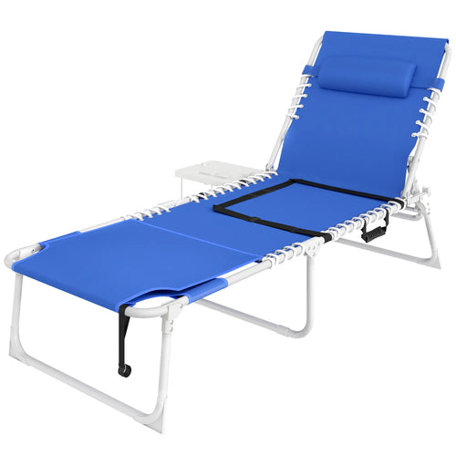 Folding Outdoor Lounge Chair, With Face Hole And Side Table, Navy Blue
