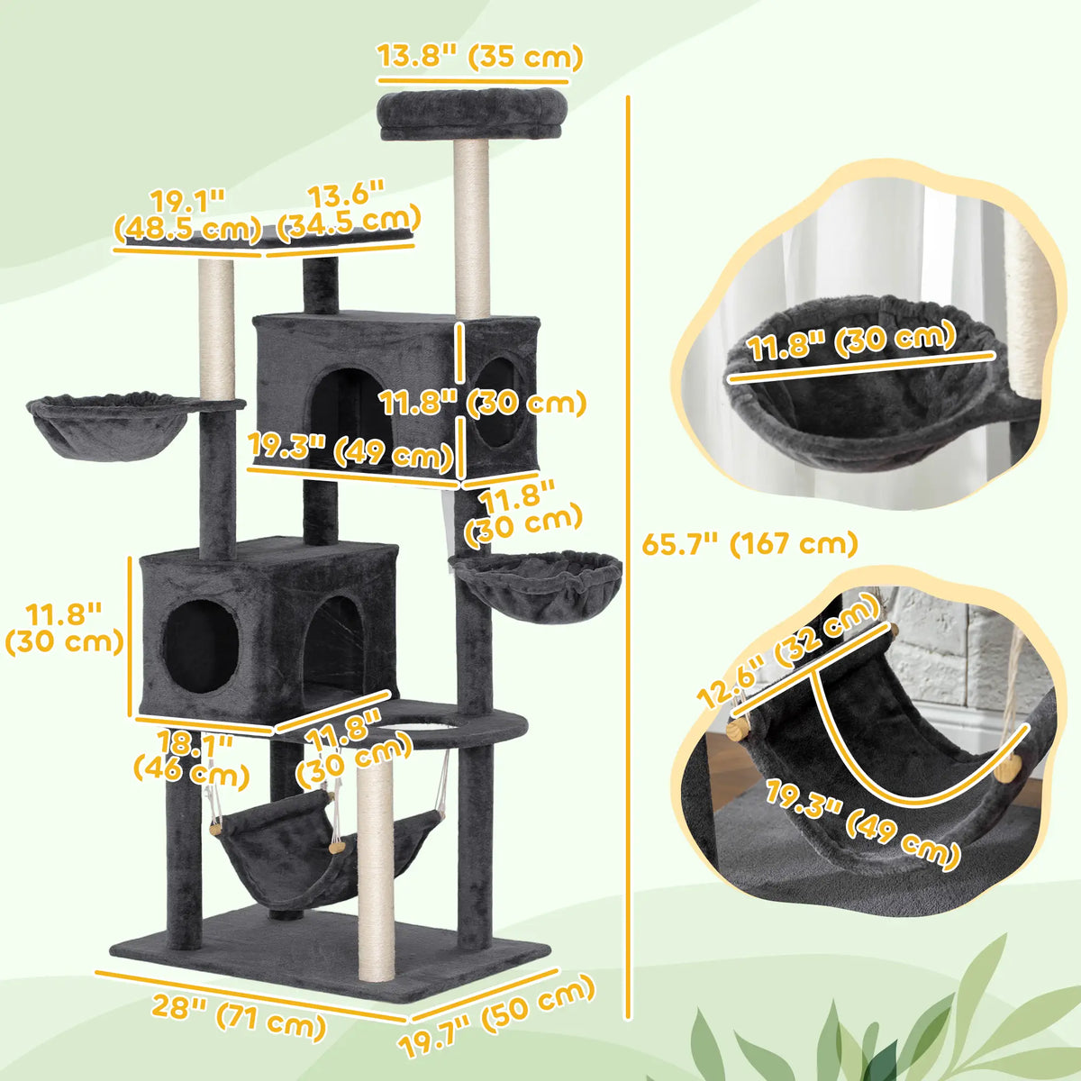 66 Inch Large Cat Tree, 2 Door Condos, 3 Hammocks, Plush Perch, Sisal Posts, Dark Grey Cat Trees at Gallery Canada