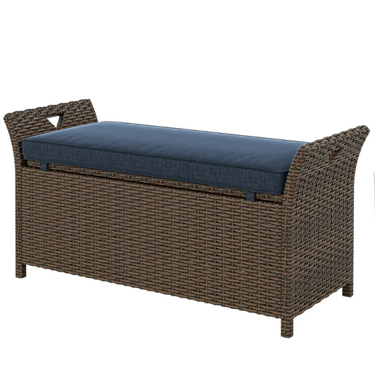 29 Gallon Wicker Deck Box, Outdoor Storage Bench, Navy Blue Patio Storage Boxes Brown Rattan, Navy Blue Cushion at Gallery Canada