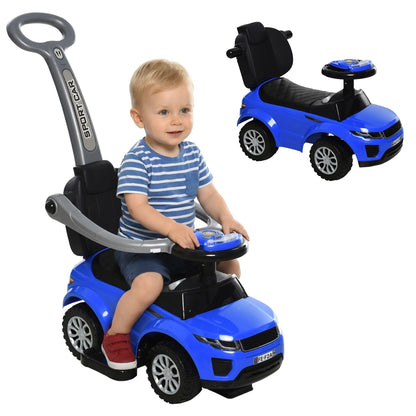 2 in 1 Kid Ride on Push Car Stroller, Sliding Ride on Car with Horn, Music, Light, Secure Bar, Blue Push Cars for Toddlers Blue and Black at Gallery Canada