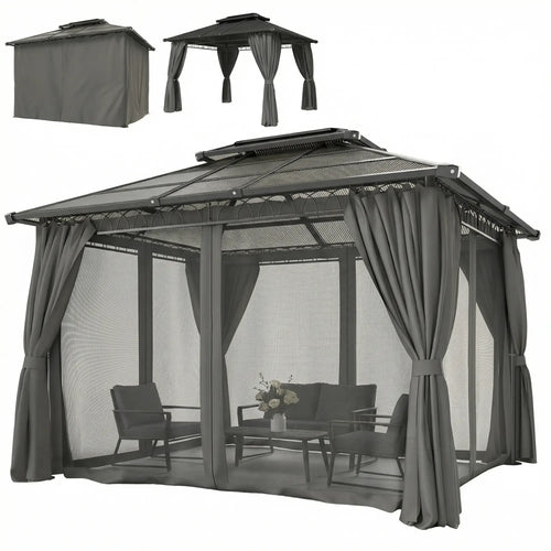 10' x 12' Outdoor Gazebo, Double Roof Hardtop, Polycarbonate Roof, Steel Frame