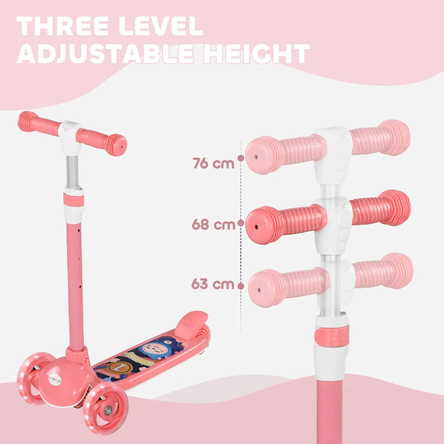 3 Wheel Kids Scooter, Adjustable Height, Rear-Fender Brake, LED Light, Pink Scooters at Gallery Canada